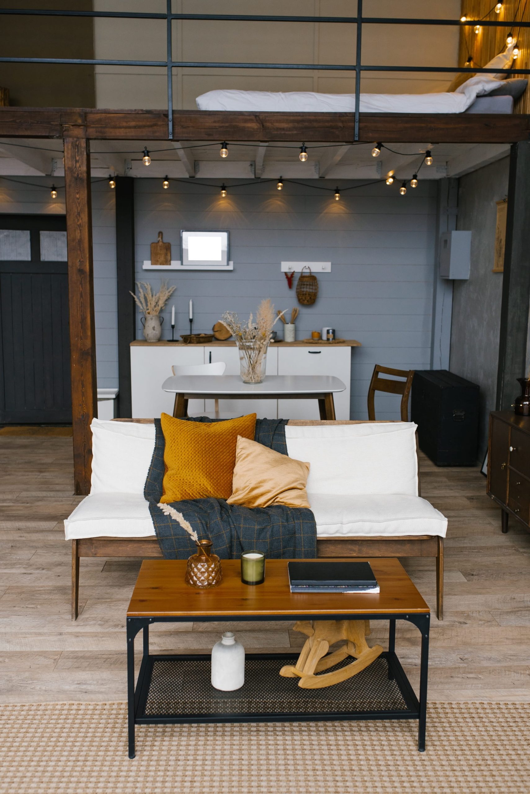 An ADU living room with a loft